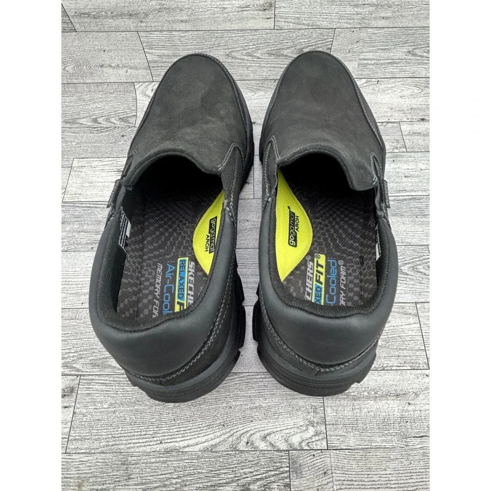 Skechers Relaxed Fit Steady Grip Men Sz 13 Black Leather Slip On‎ Shoes 204480
